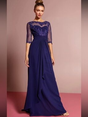 GLS Collective Midnight Blue Lace-Appliqué Evening Gown
